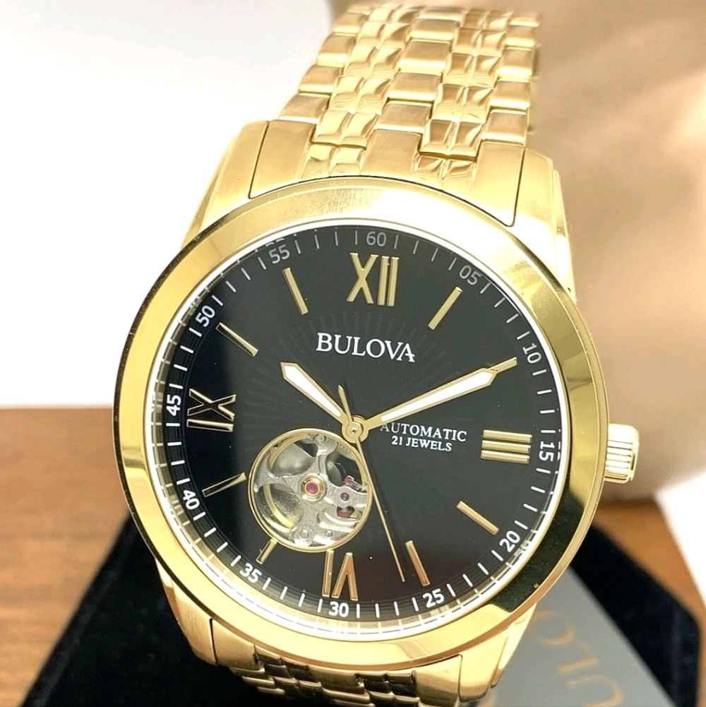 Bulova Men’s Gold Tone Automatic Watch with Black Dial Retail $530